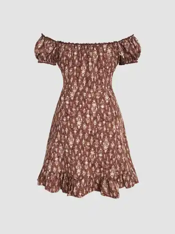 Geblümtes, schulterfreies, geschnürtes Minikleid