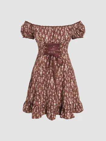 Geblümtes, schulterfreies, geschnürtes Minikleid