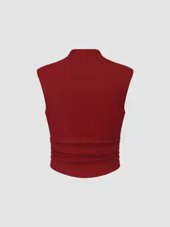 Solid High Neck Sleeveless Ruched Tank Top