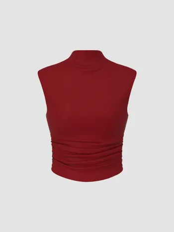 Solid High Neck Sleeveless Ruched Tank Top