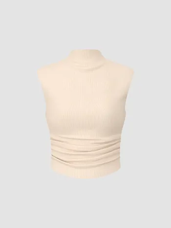 Einfarbiges hochkragiges, ärmelloses, geruchertes Tank-Top