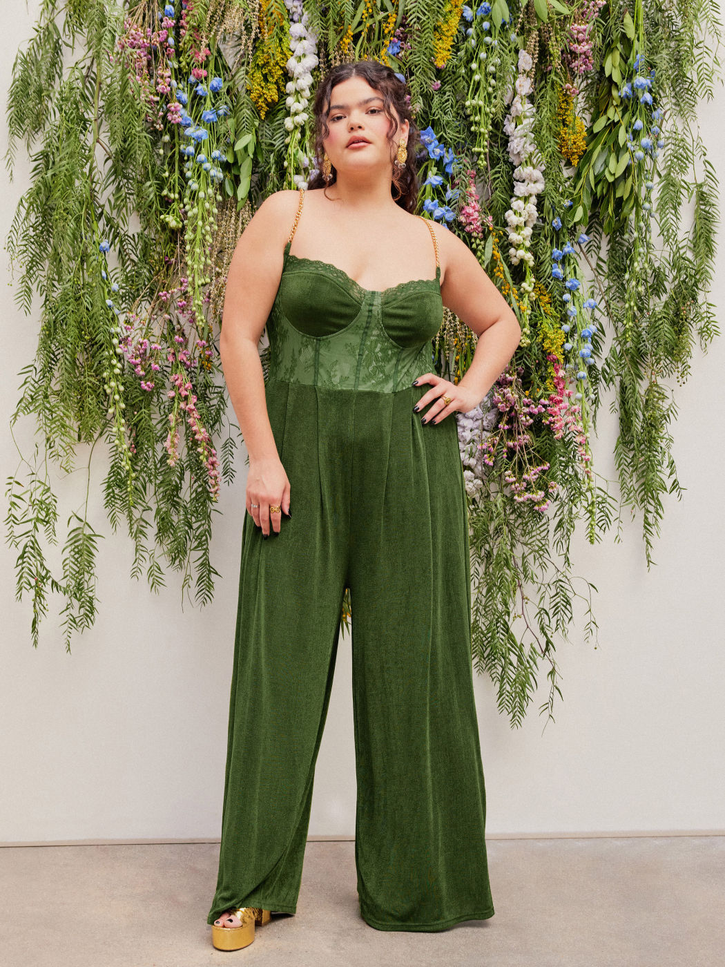 Solid Lace Corset Chain Cross Wide Leg Jumpsuit Kurve & Plus
