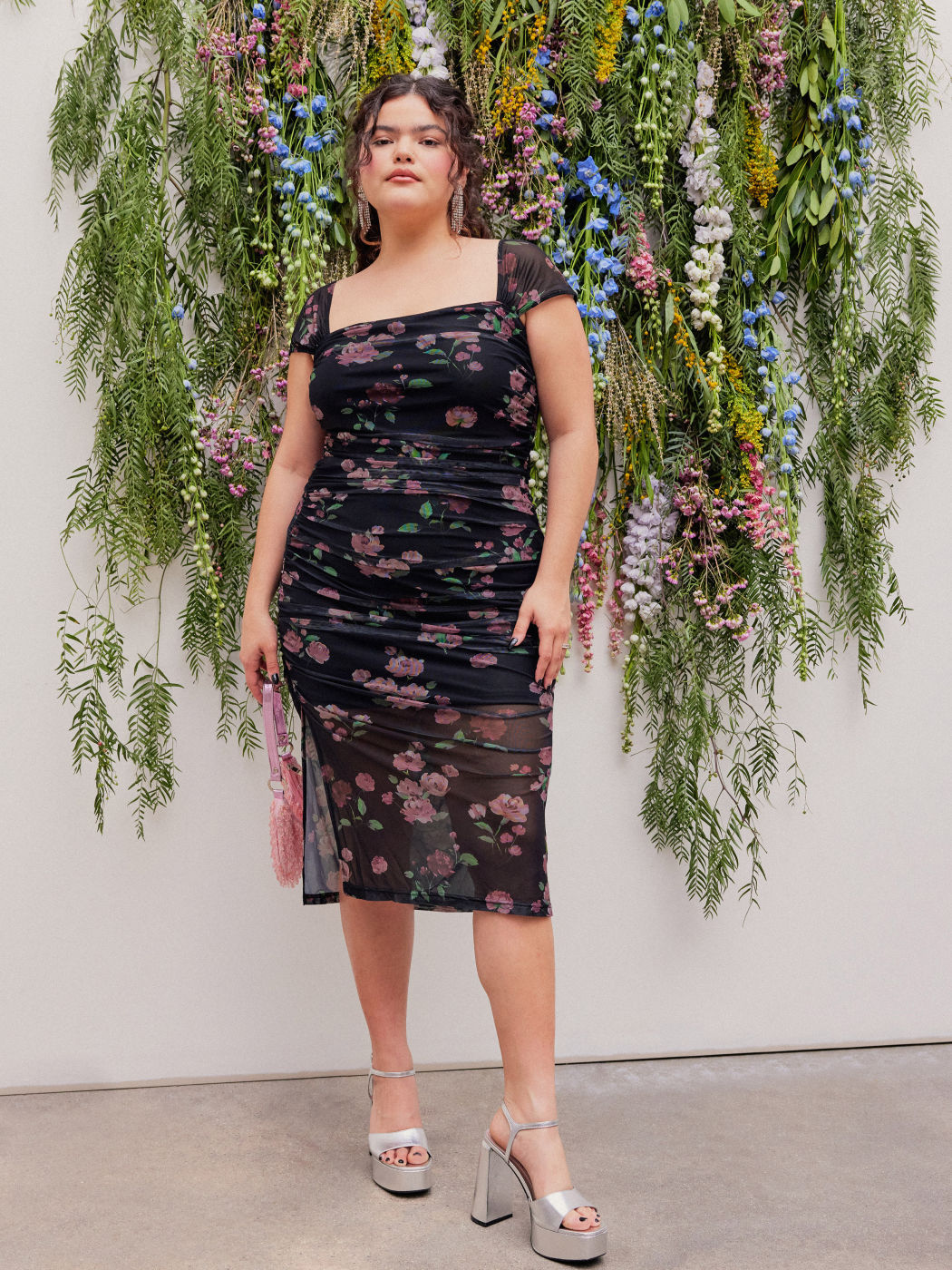 Curve Swing Style Bold Floral Mesh Midaxi Dress