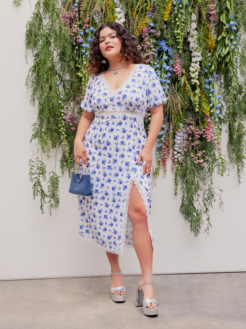 Floral Lace Trim Split Midi Dress Curve & Plus
