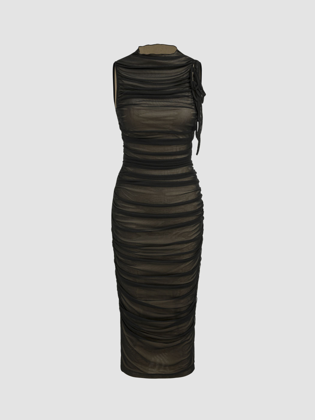  Mesh gerafftes Midikleid mit hohem Kragen
