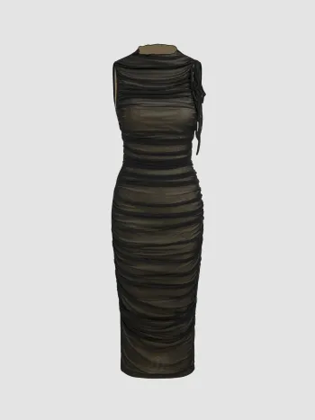 Mesh Ruched High Neck Midi Dress
