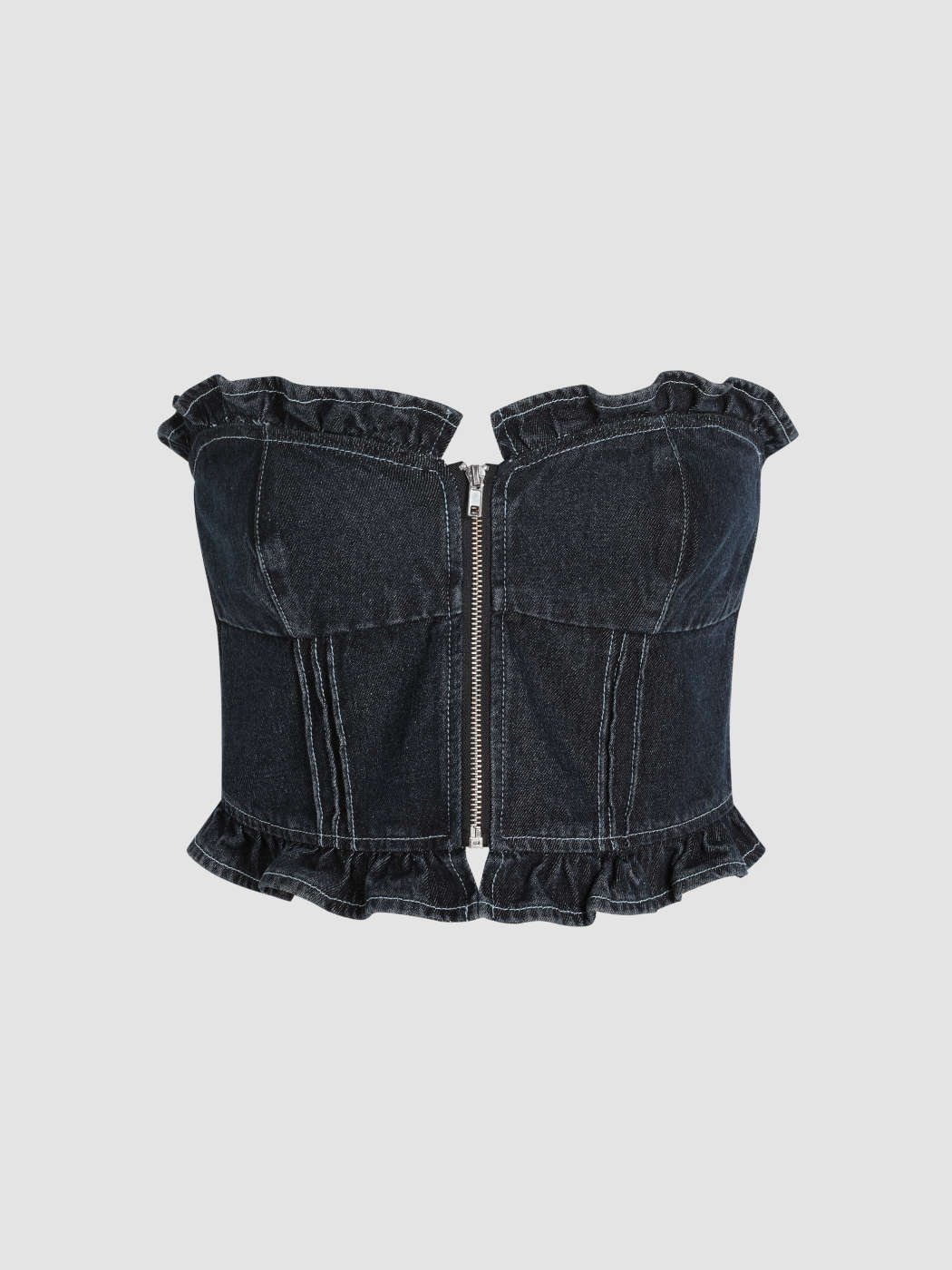 Denim Denim Zipper Up Ruffle Hem Crop Top For Daily Casual