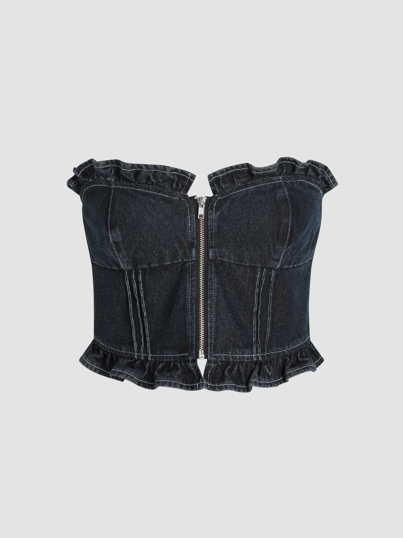 Crop Top en Jean à Fermeture Éclair et Ourlet à Volants