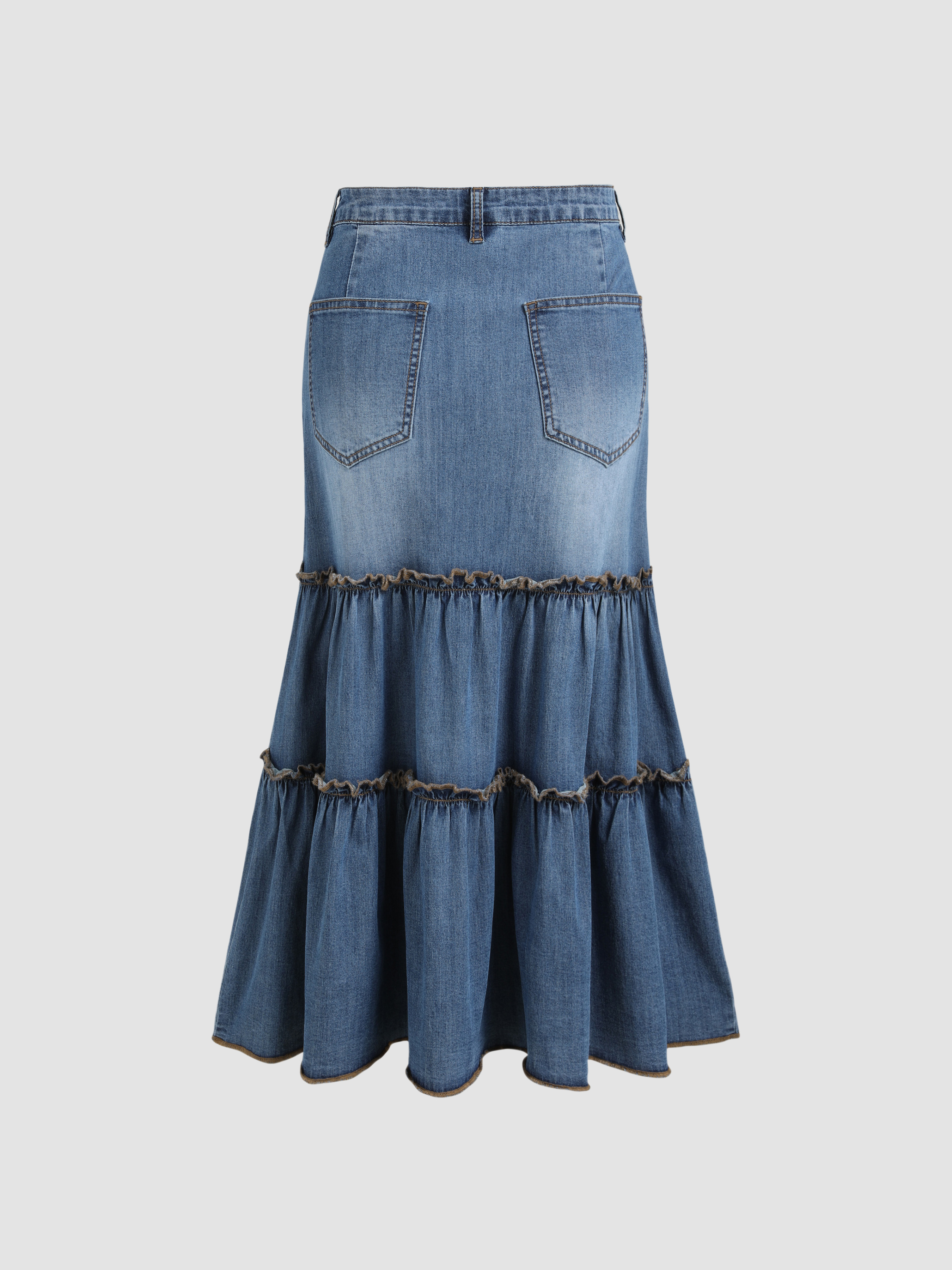 Denim Lace Up Ruffle Tiered Midi Skirt - Cider