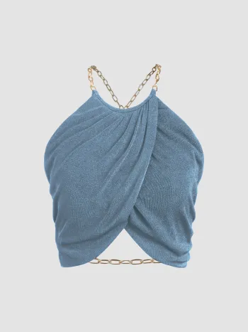  Solids Metallkettendesign rückenfreies gerafftes Crop Top