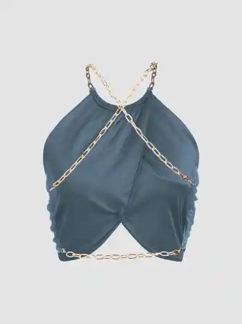  Solids Metallkettendesign rückenfreies gerafftes Crop Top
