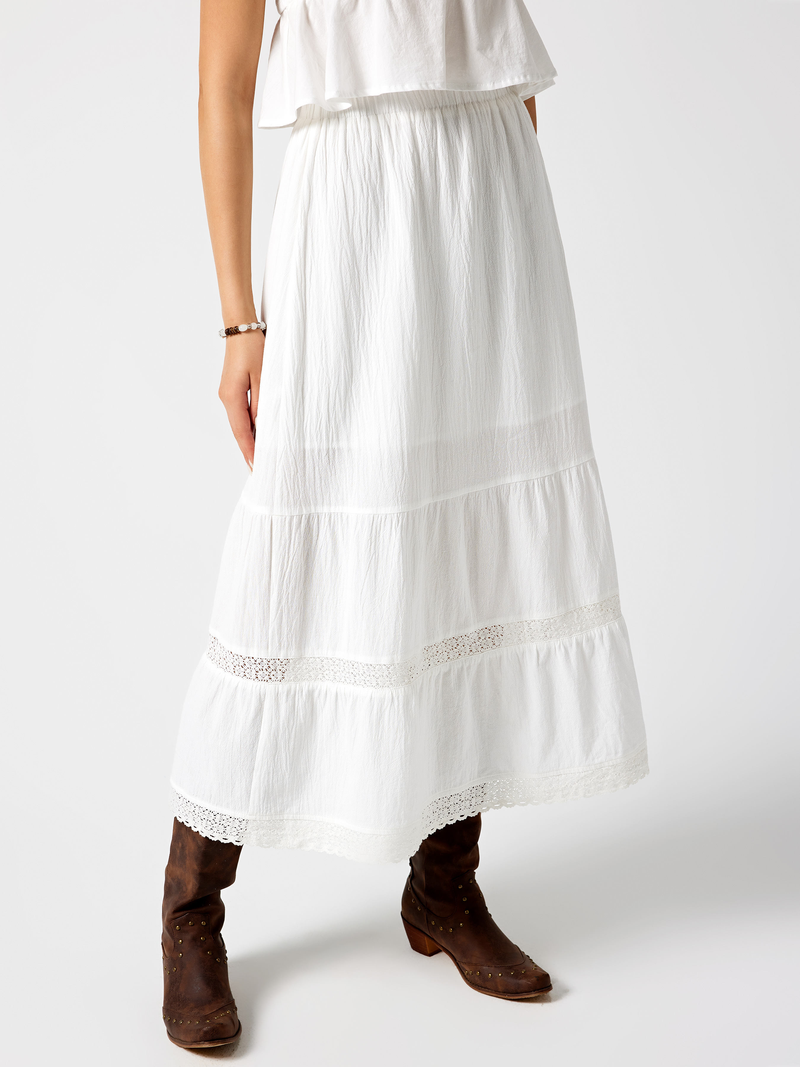 Lace Trim Middle Waist Tiered Maxi Skirt For Daily Casual Vacation