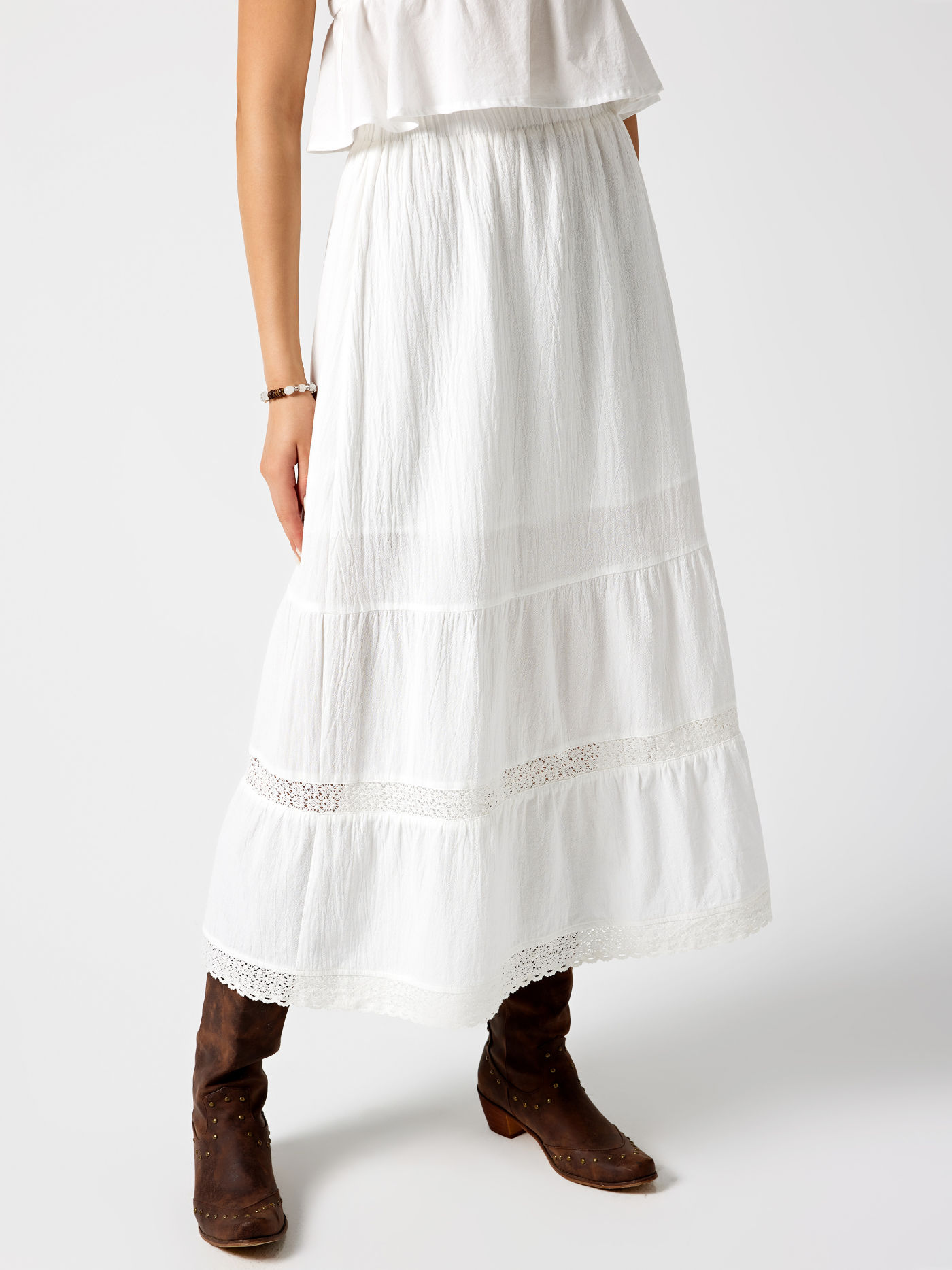 Lace Trim Mid Waist Tiered Maxi Skirt