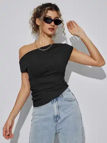 Asymmetrical Neck Ruched Crop Top