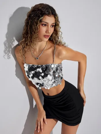 Sequin Zipper Up Crop Cami Top