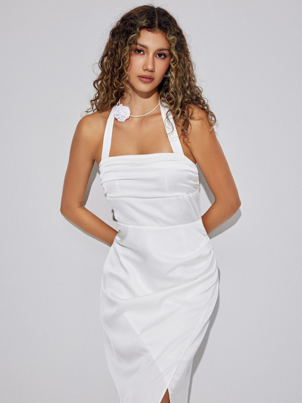 Satin Halter Knotted Split Midi Dress