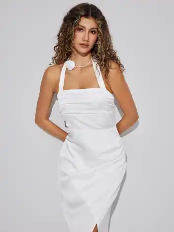 Geknotetes Schlitz-Midikleid aus Satin mit Neckholder