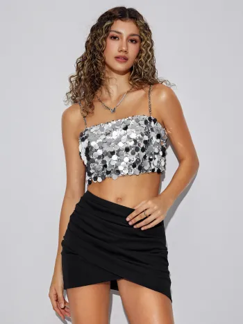 Sequin Zipper Up Crop Cami Top