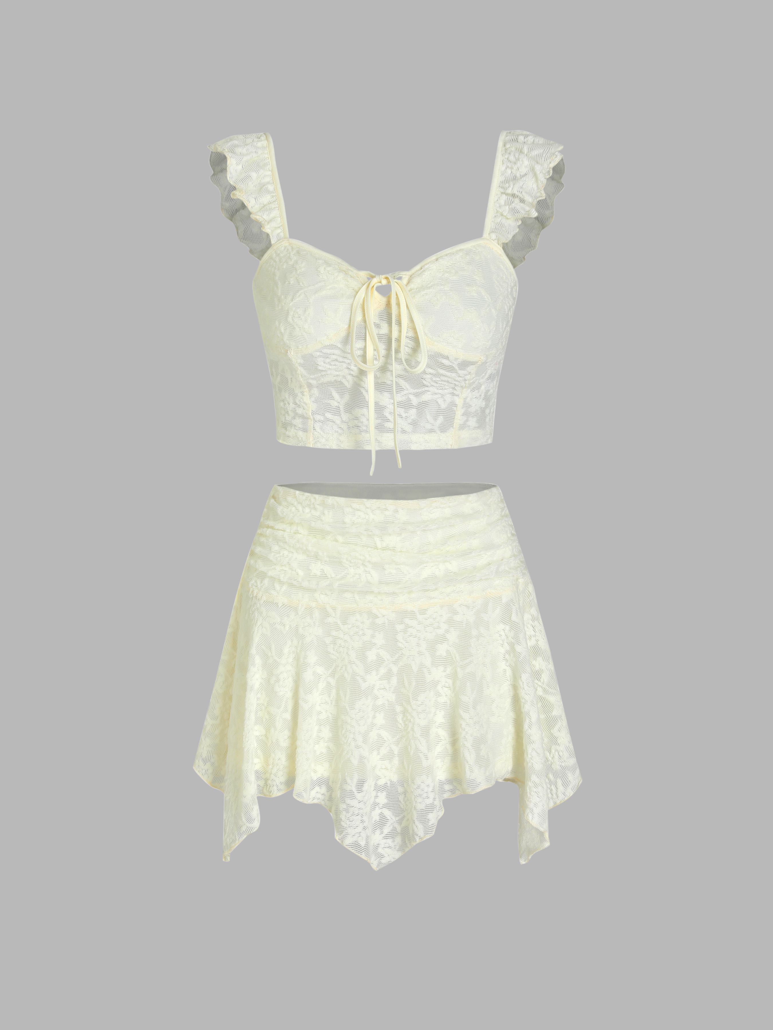 Floral Lace Hem Crop Top u0026 Ruffle Ruched Mini Skirt Set