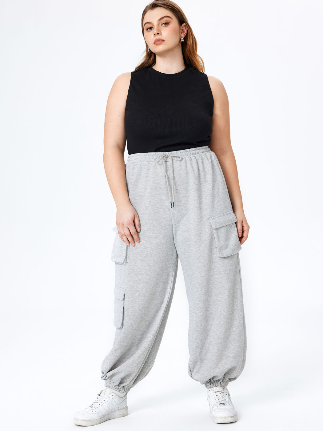 Solid Mid Waist Pocket Cargo Joggers Curve & Plus