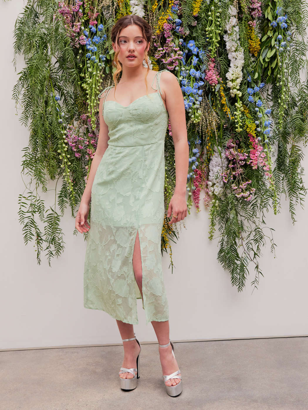 Jacquard Floral Sweetheart Split Midi Dress For Daily Casual Date