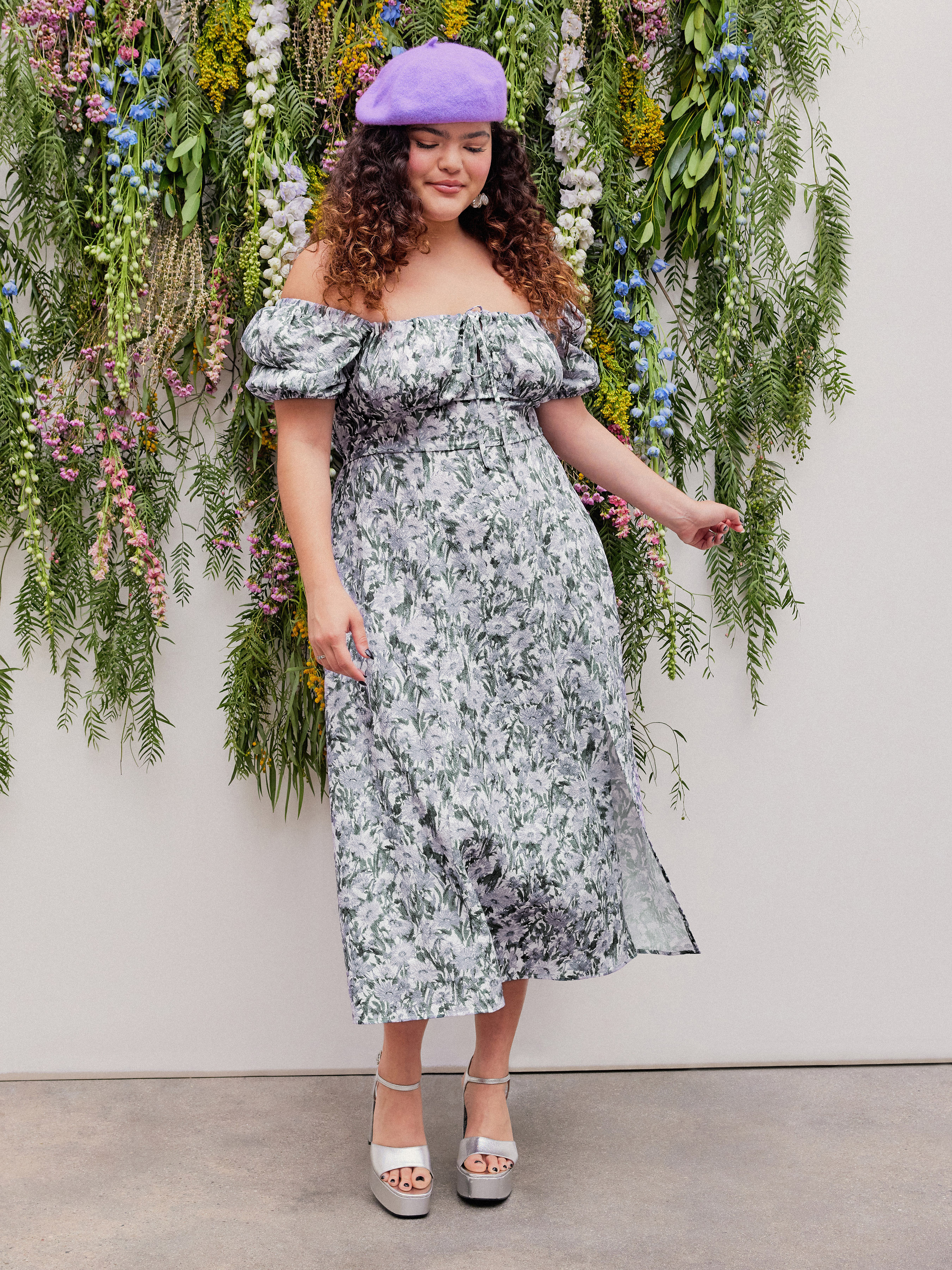 Floral Puff Sleeve Split Midi Dress