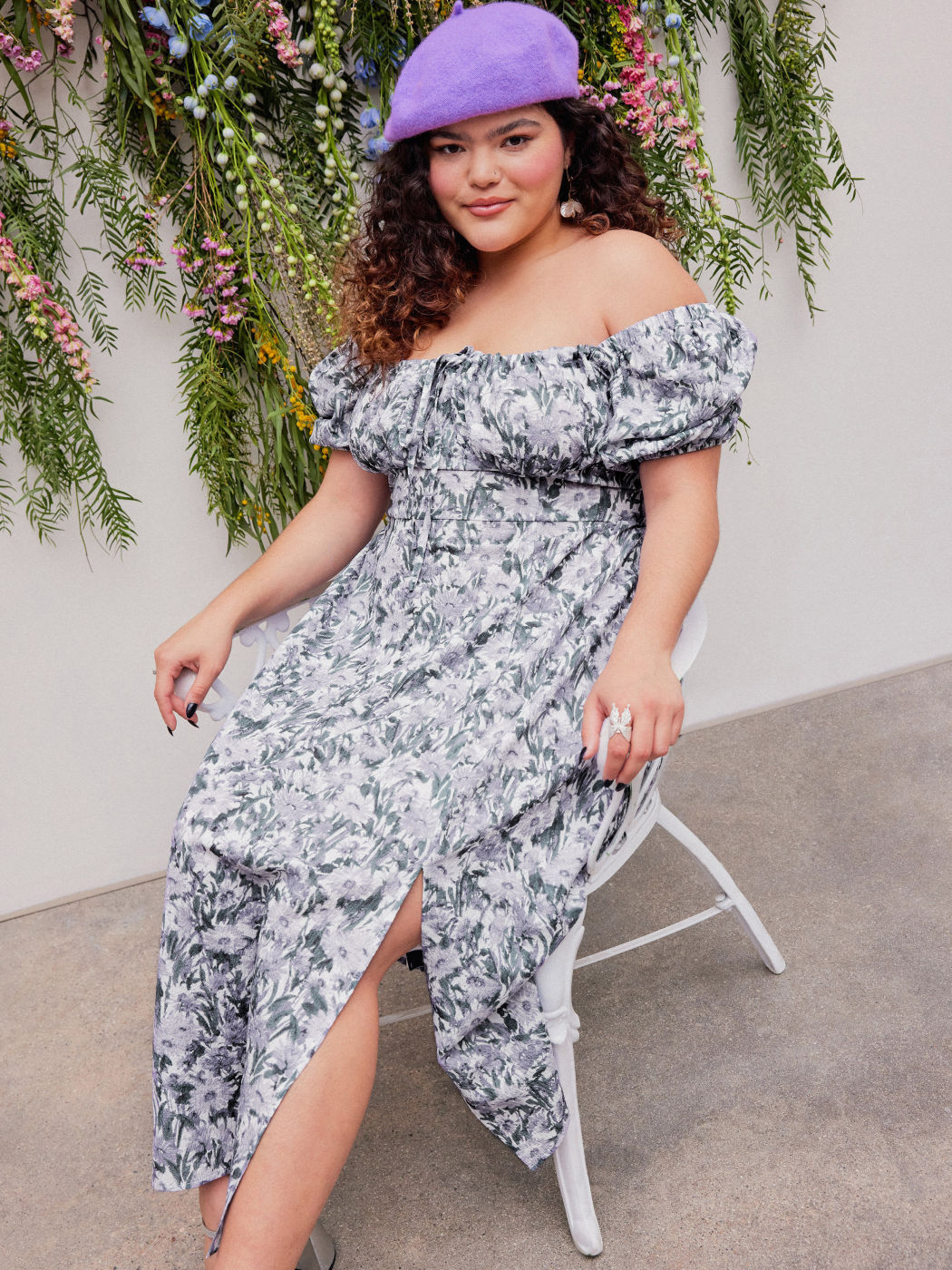 Floral Puff Sleeve Split Midi Dress For Date Picnic Vacation