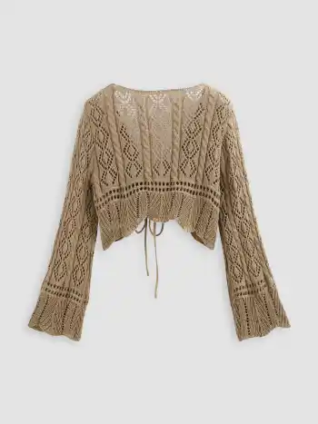 Solid Crochet Tie Front Deep V Neck Crop Top Curve & Plus