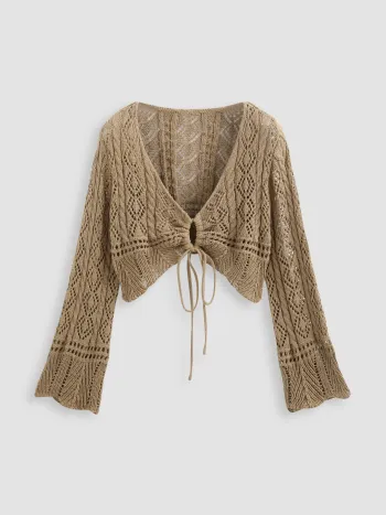 Solid Crochet Tie Front Deep V Neck Crop Top Curve & Plus