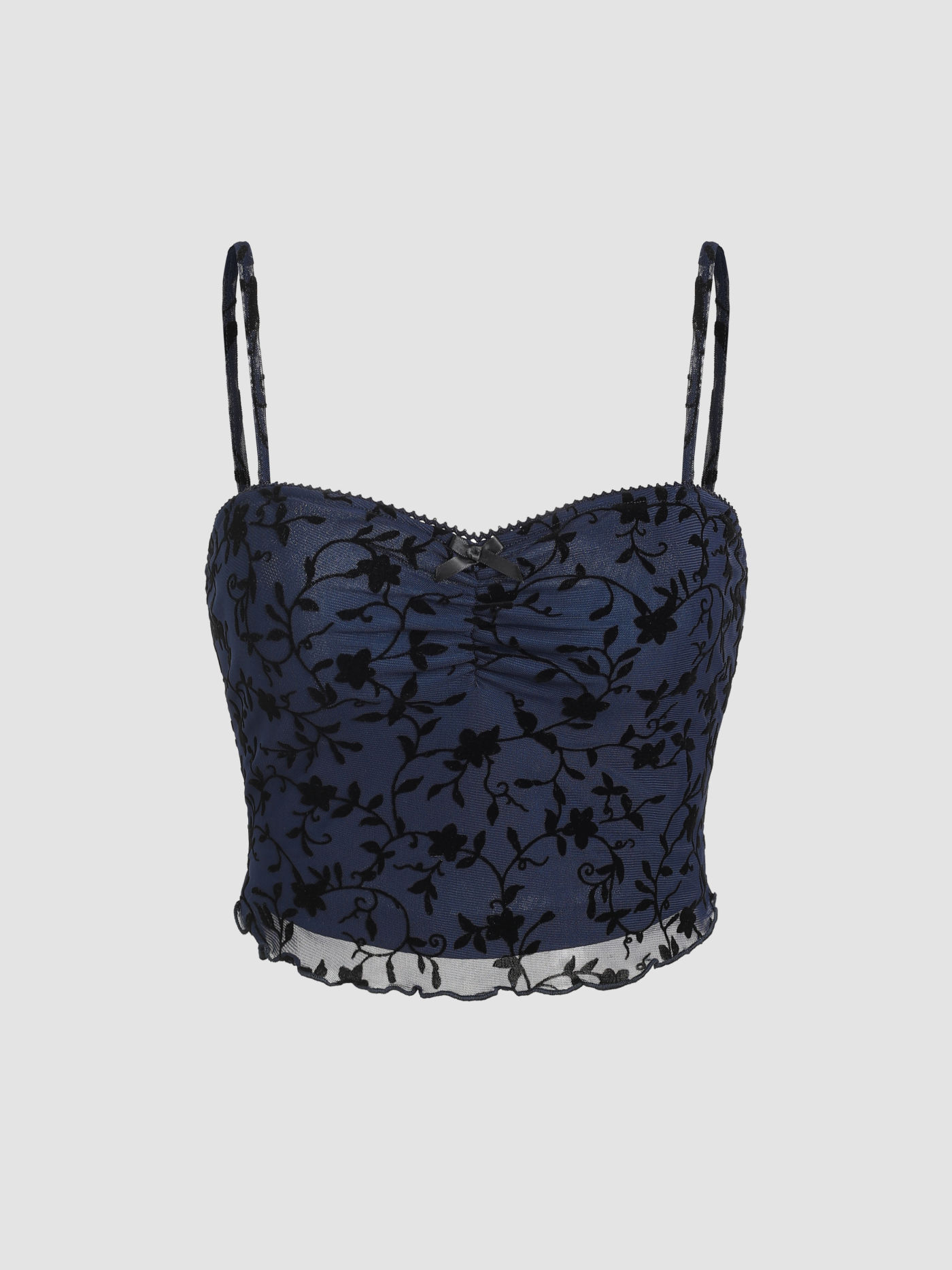 Floral Ruched Mesh Crop Cami Top