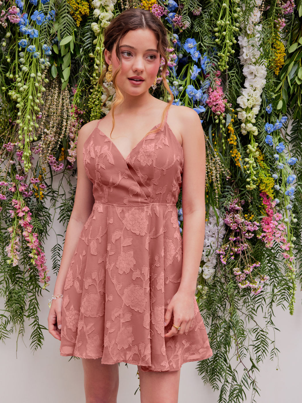 Jacquard Floral V-neck Ruffle Mini Dress For Daily Casual Date Vacation