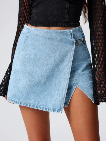 Jeans Mini Skort à Mi-Taille Fendue