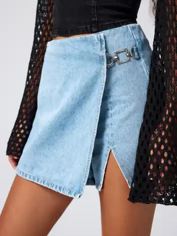 Jeans Mini Skort à Mi-Taille Fendue