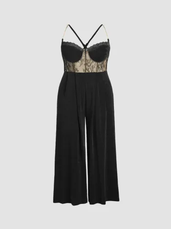 Solid Lace Corset Chain Cross Wide Leg Jumpsuit Kurve & Plus
