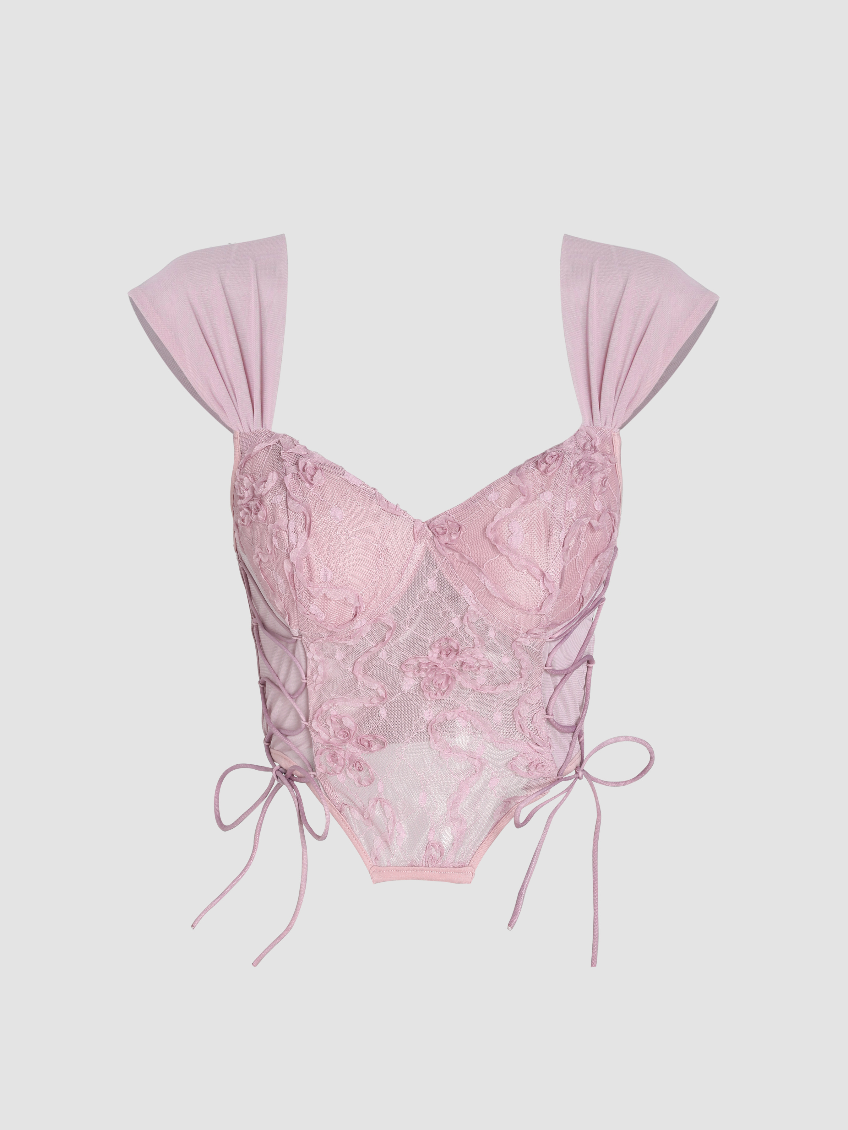 Mesh Floral Lace Drawstring Sleeveless Crop Blouse For Date