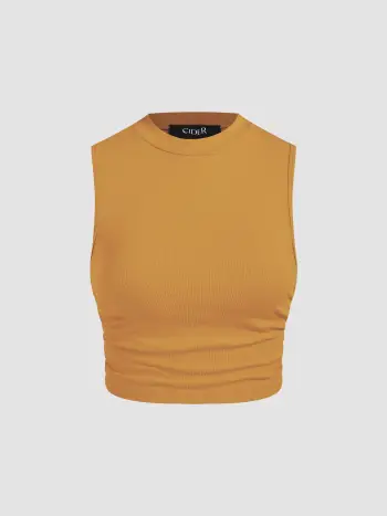 Crop Top solido senza maniche increspato con scollo rotondo