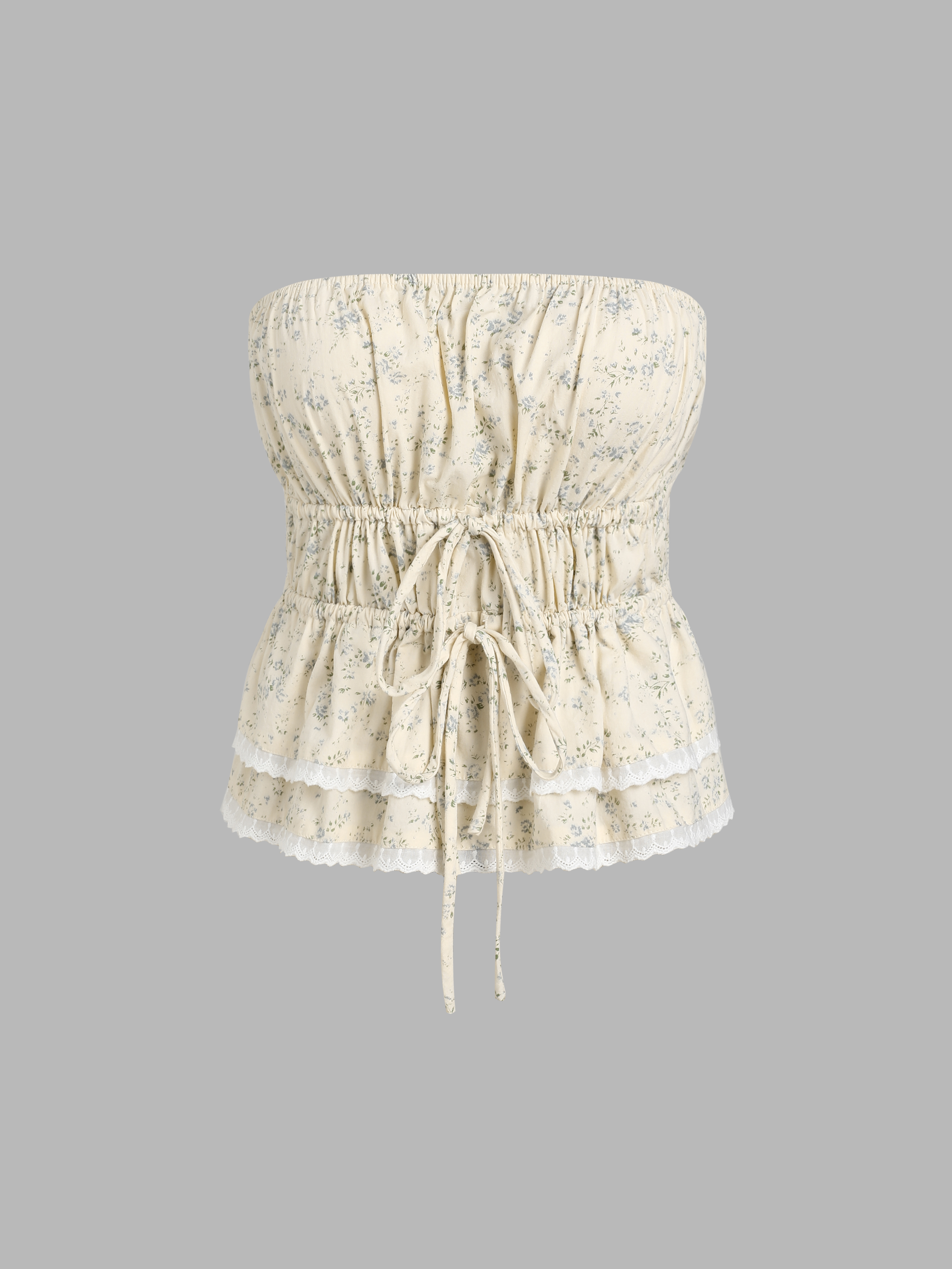 Floral Lace Hem Drawstring Tube Top - Cider