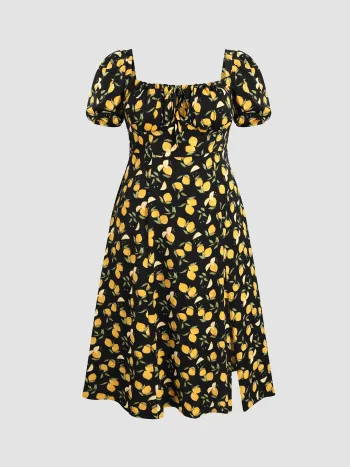 Fruchtiges Midi-Kleid mit quadratischem Hals und Ballonsärmeln Kurve & Plus