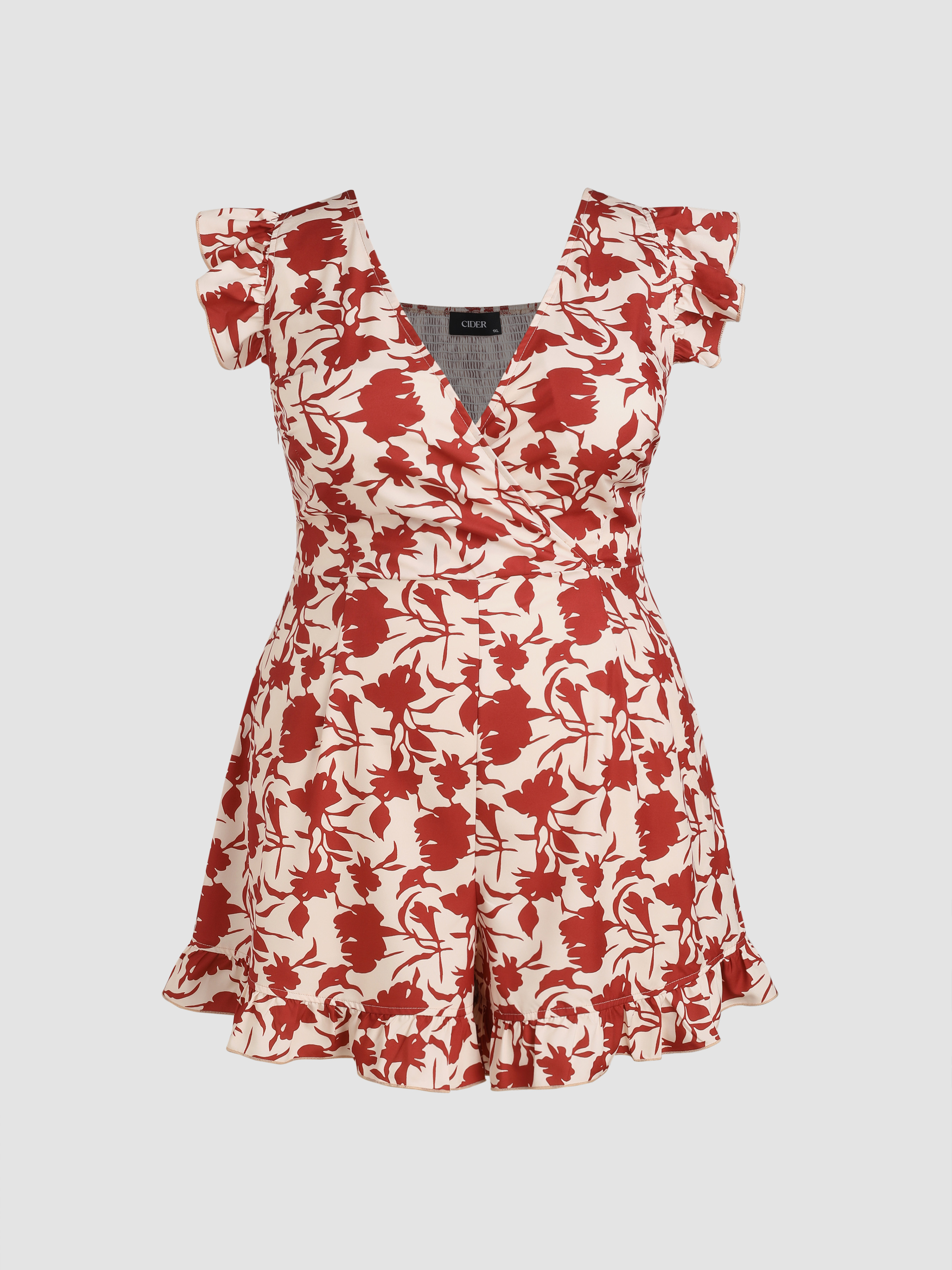 Woven Floral Ruffle Hem Backless V-neck Romper Curve & Plus