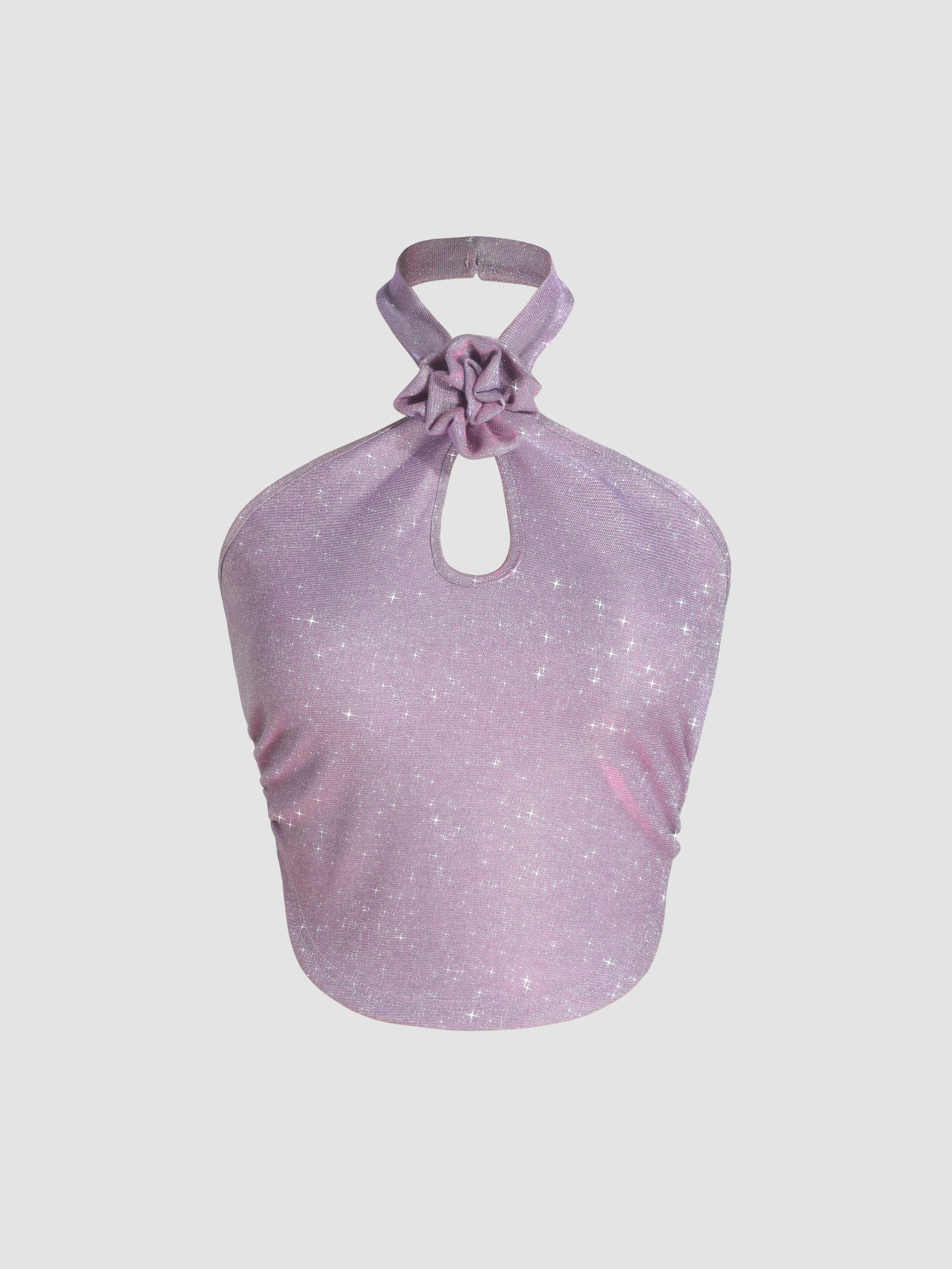 Knit Fabric Glitter Rosette Halter Cut Out Crop Top For Date
