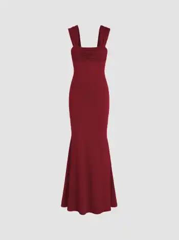 Einfarbiges geriffeltes Maxikleid mit U-Hals und Spitzen