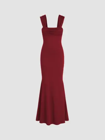 Einfarbiges geriffeltes Maxikleid mit U-Halsrand und Spitzen