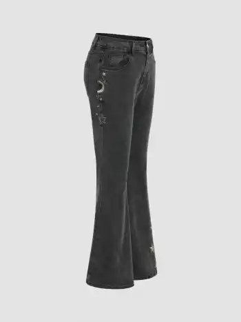 High Stretch Denim High Rise Star Flared Jeans 
