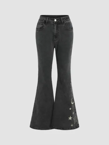 High Stretch Denim High Rise Star Flared Jeans 