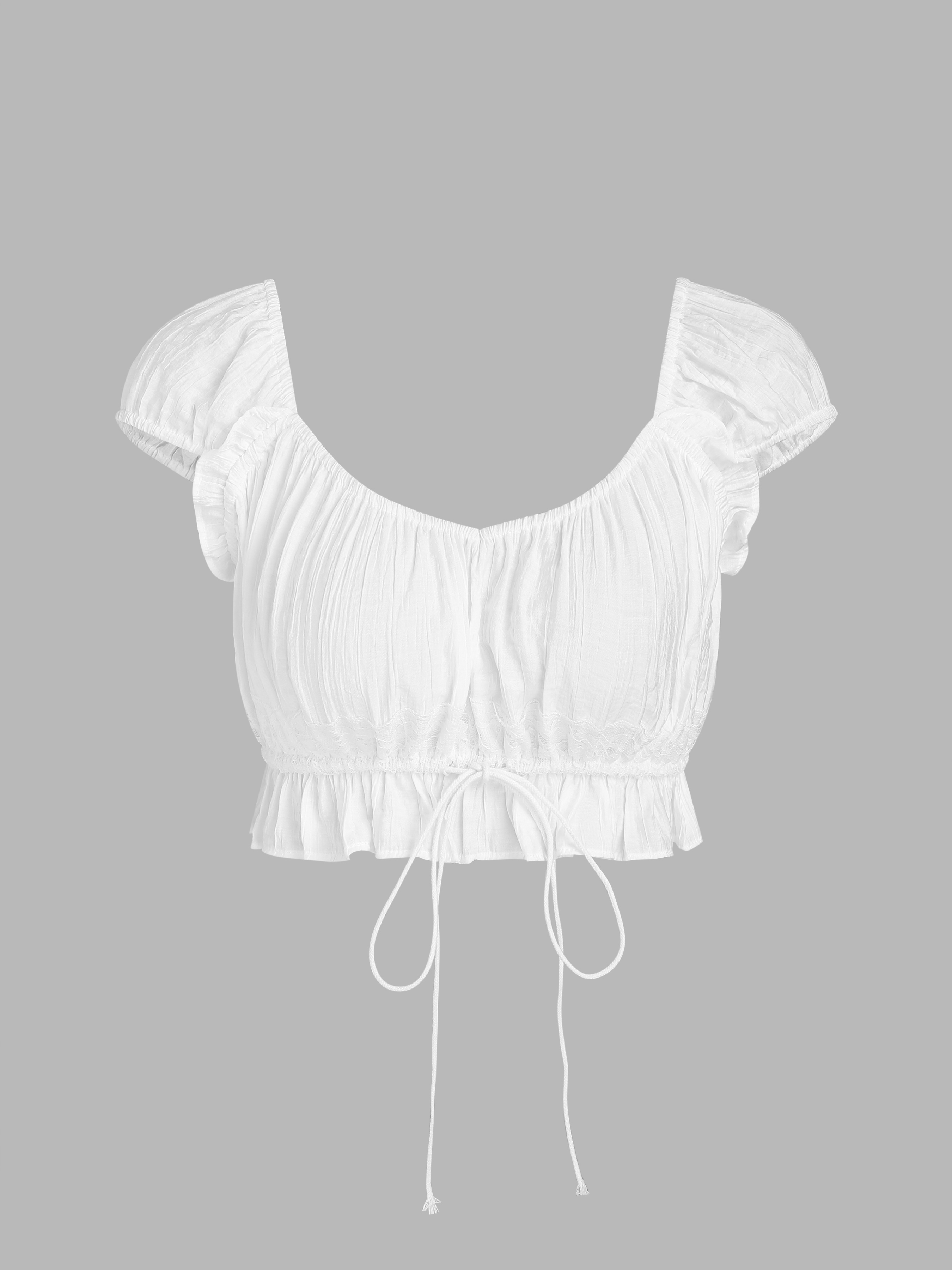 U-neckline Ruched Knotted Ruffle Hem Crop Top - Cider