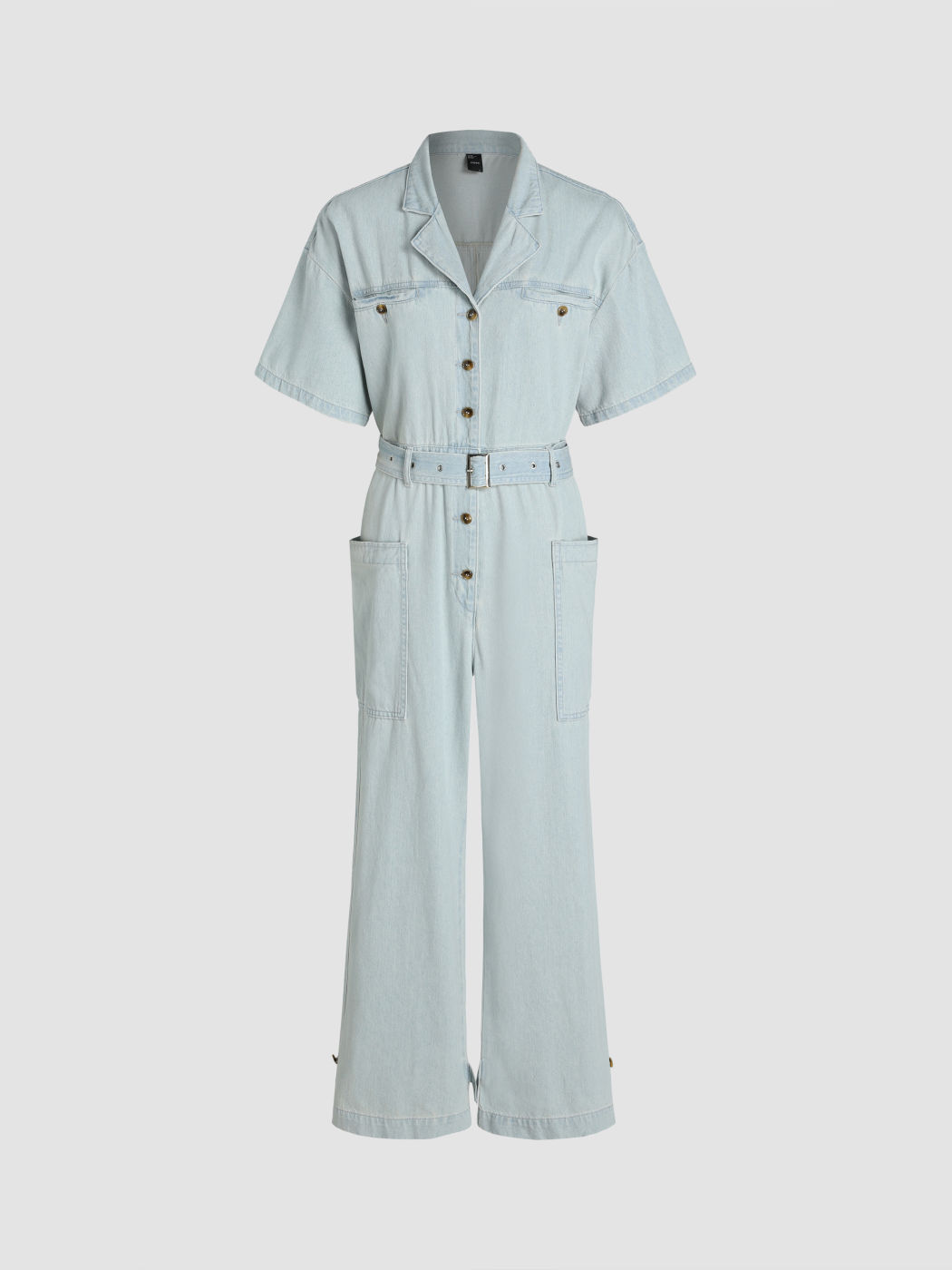 Denim Denim Collar Button Up Belted Jumpsuit For Daily Casual