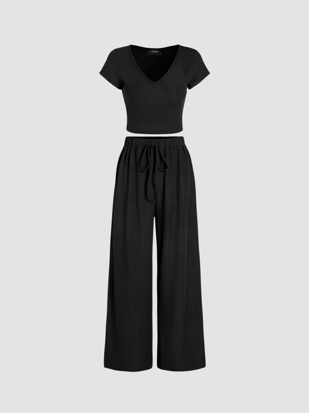  V-Ausschnitt Kurzarm Crop Tee & Knoten Weite Bein Hosen Set
