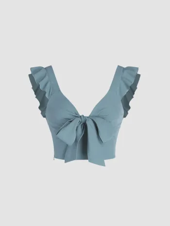 Solid V-neck Ruffle Knotted Crop Top