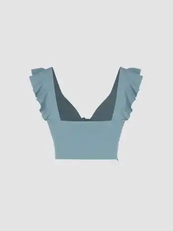 Solid V-neck Ruffle Knotted Crop Top