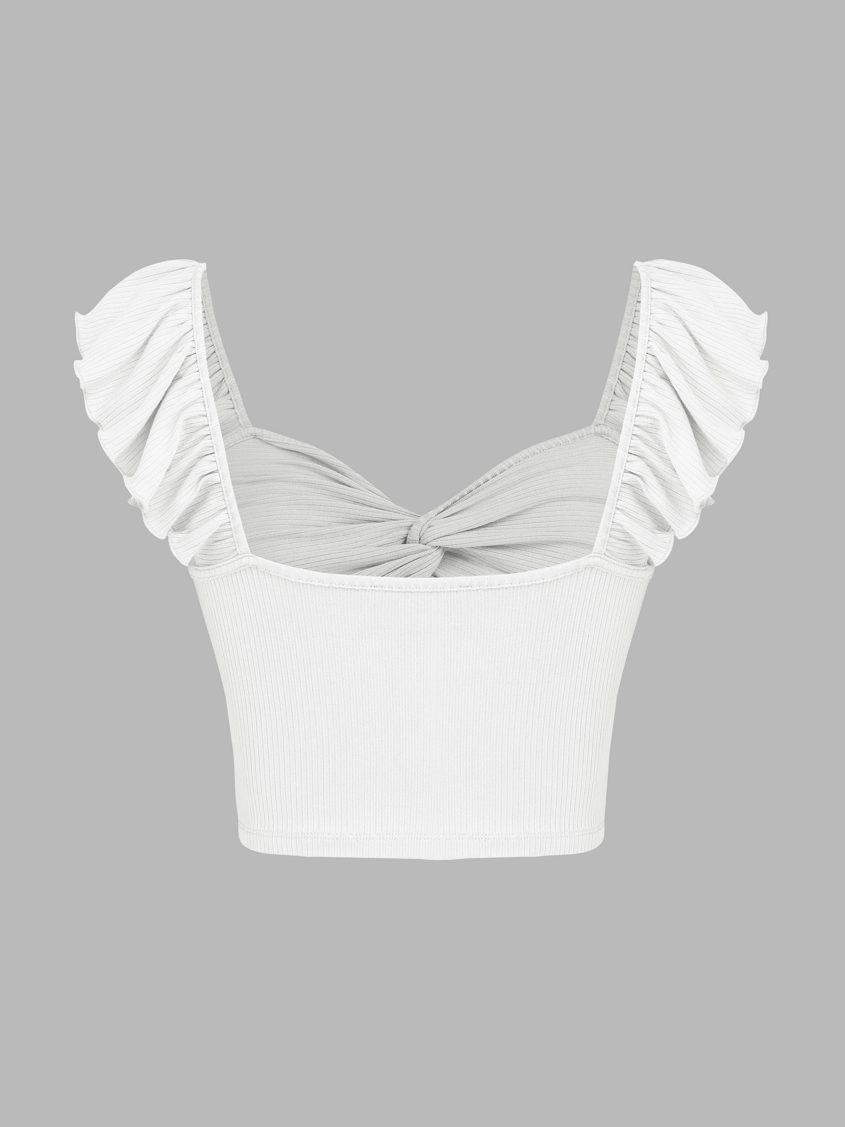 Cute Tops Knit Fabric Solid Twist Ruffle Sleeve Crop Top For